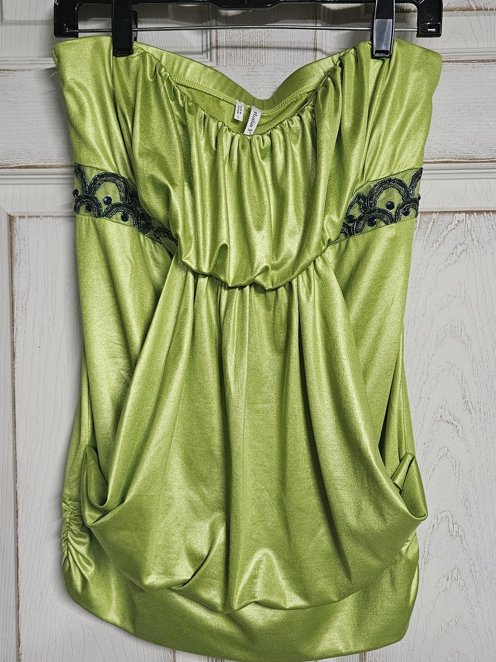 Studio Y Lime Green Satin Strapless Bustier Top with Black Embroidery